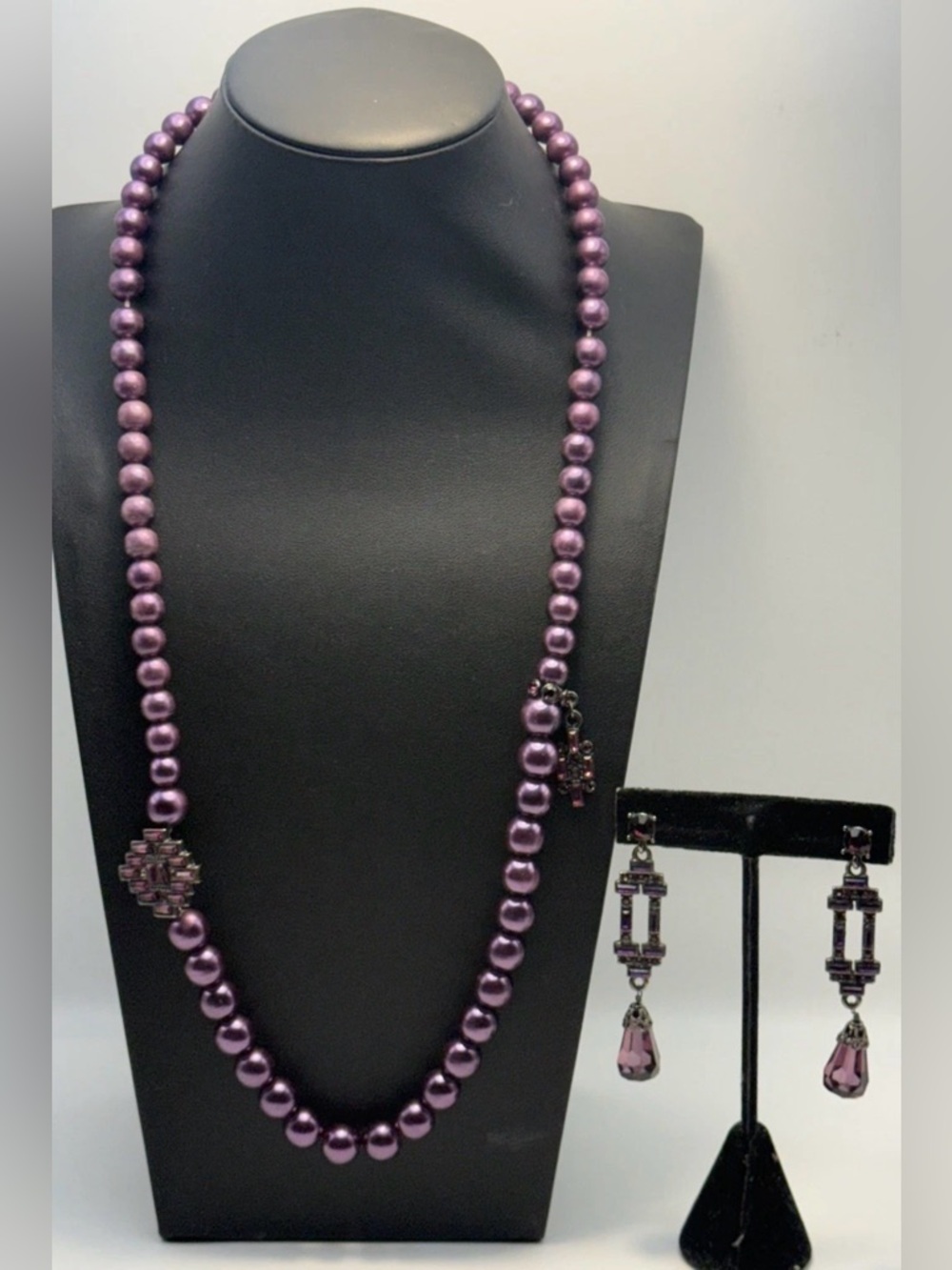 Vintage Faux Pearl Purple Necklace and Drop Earring Set Art Deco Style